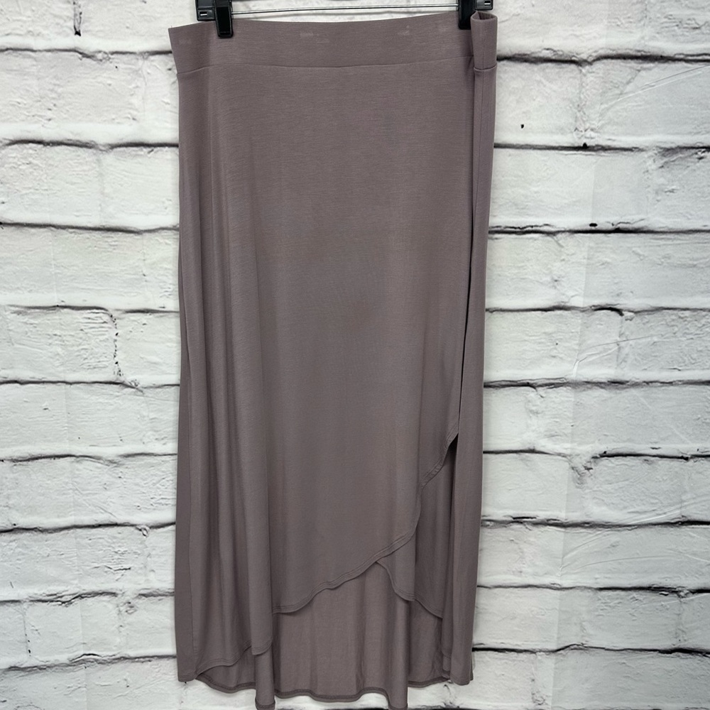 LOGO Maxi Skirt Sz L Asymmetrical Plum Stretch Waistband Tulip Hem Modal knit - Picture 7 of 12
